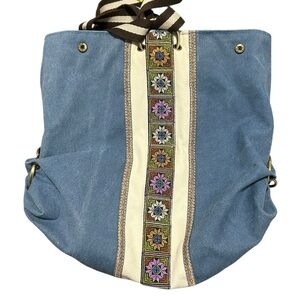 Goodhan Boho Embroidered Canvas Backpack – Convertible Shoulder Bag – Blue/Grey